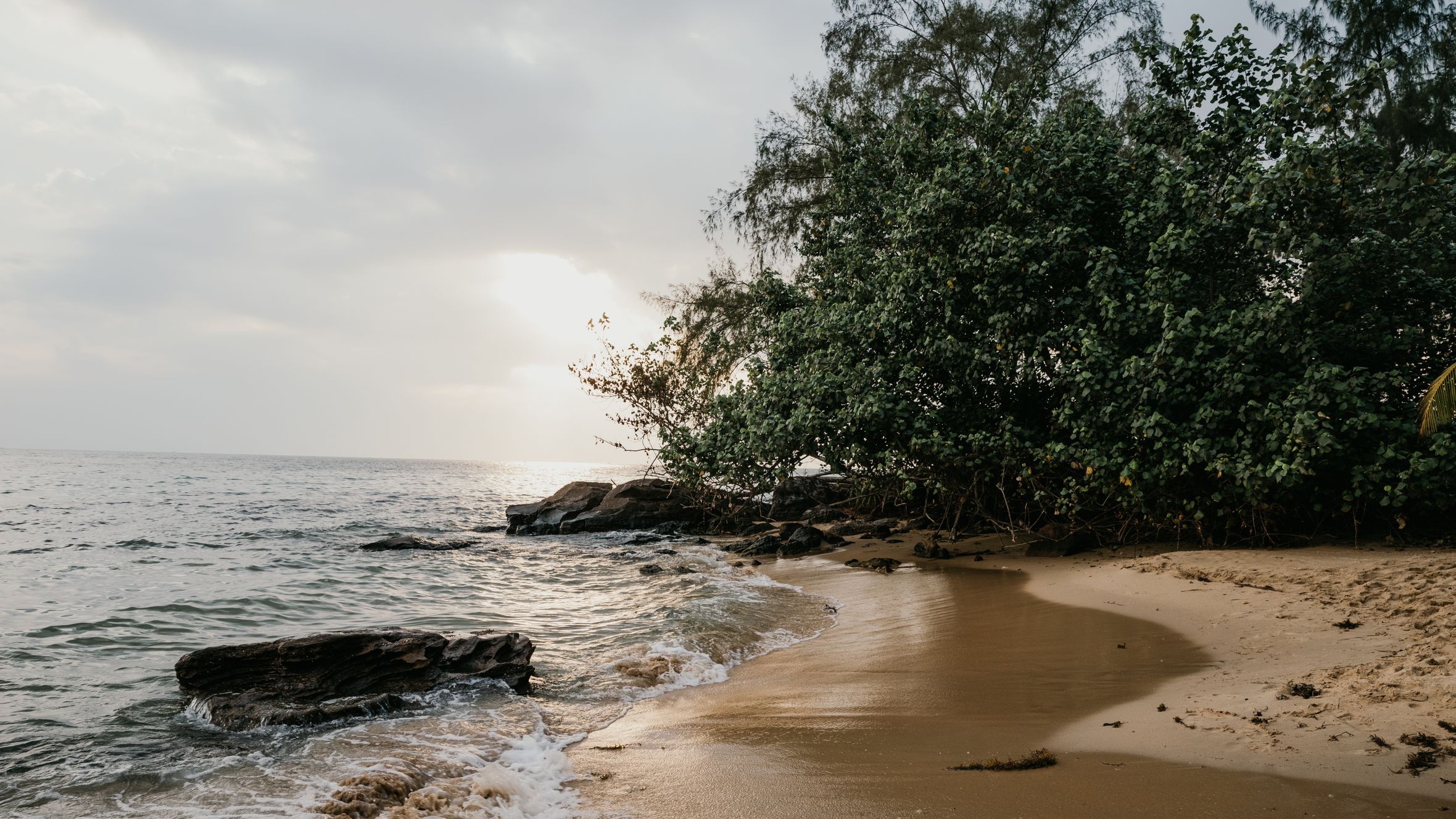 A serene beach in Vietnam with gentle waves and lush greenery under a cloudy sky.