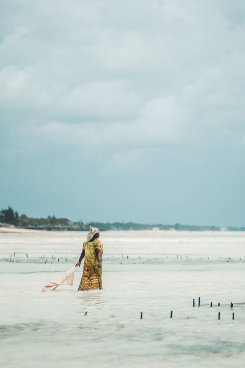 Free A woman in traditional clothing wades through the serene coastal waters of Zanzibar, Tanzania, exemplifying cultural beauty. Stock Photo