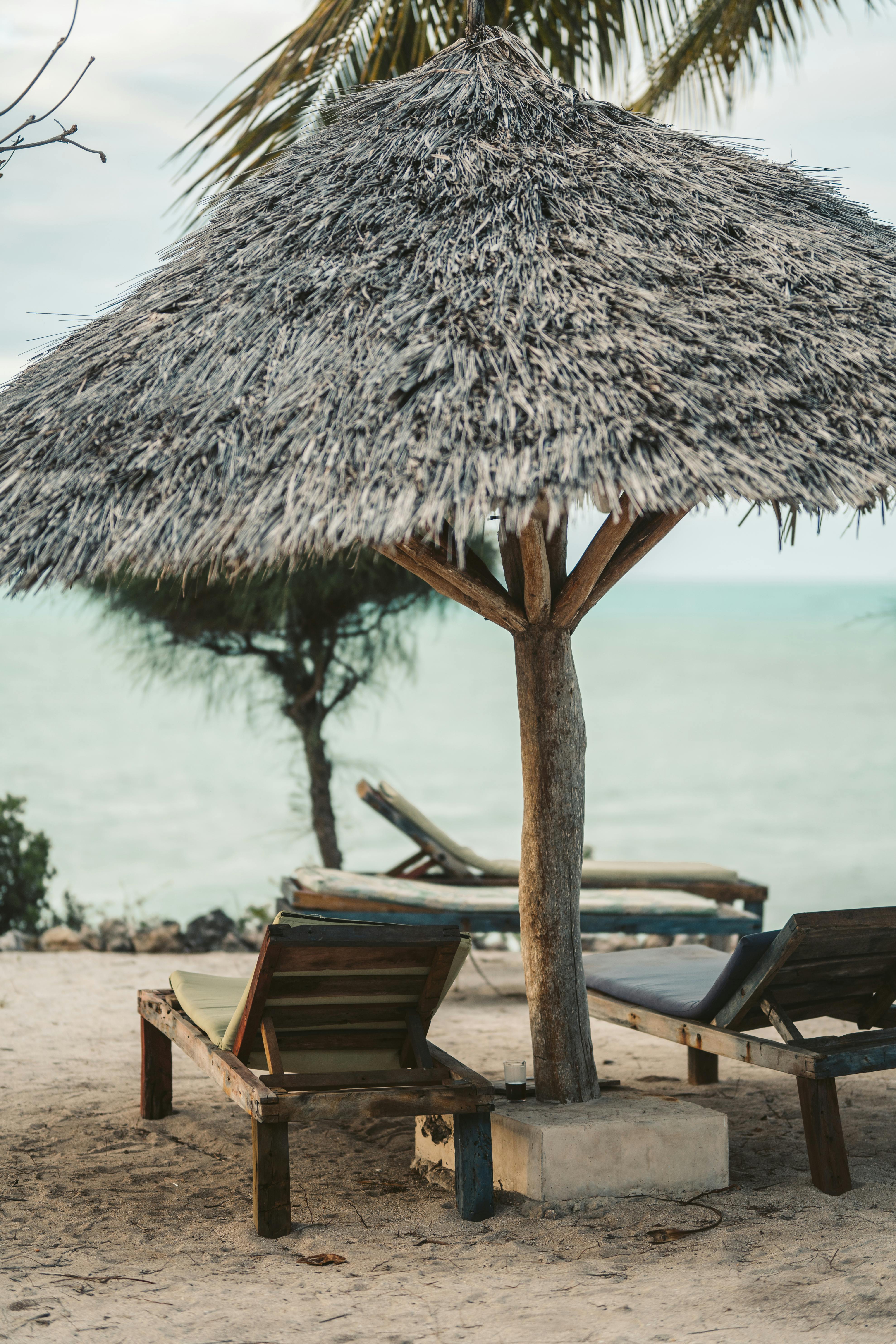 桑给巴尔的茅草遮阳下，木制躺椅点缀着悠闲的海滩场景