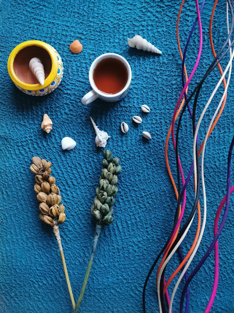 Cup Of Tea Beside Seashells On Blue Surface