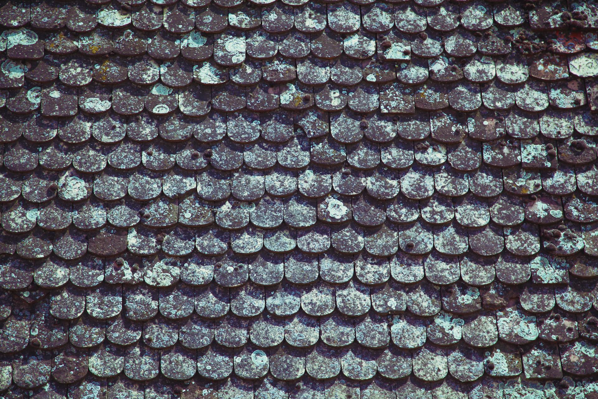 Abstract textured background of shabby black roof with weathered tiles reflecting bright sunlight