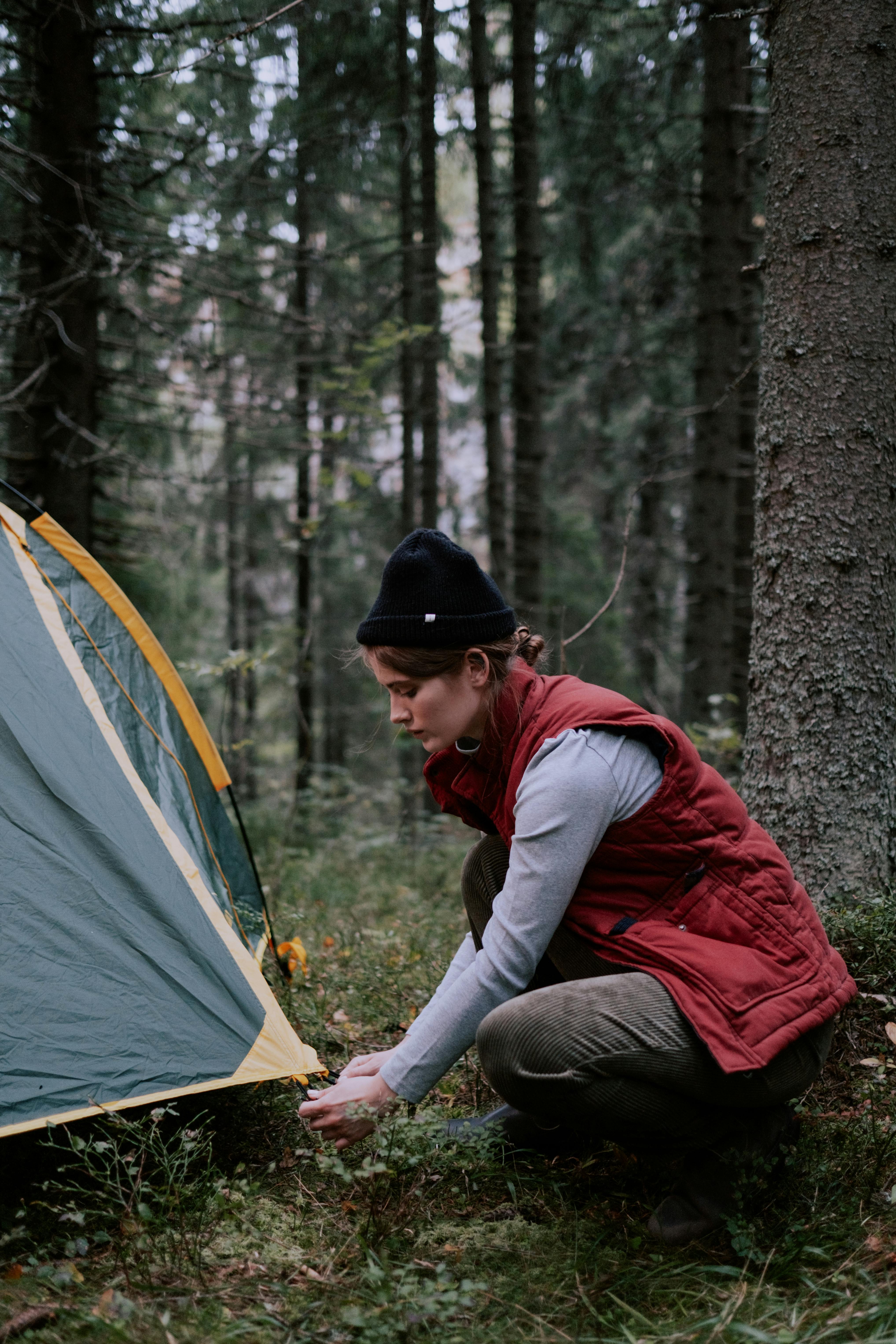 Tent campsite in a forested provincial park with mountains in the background