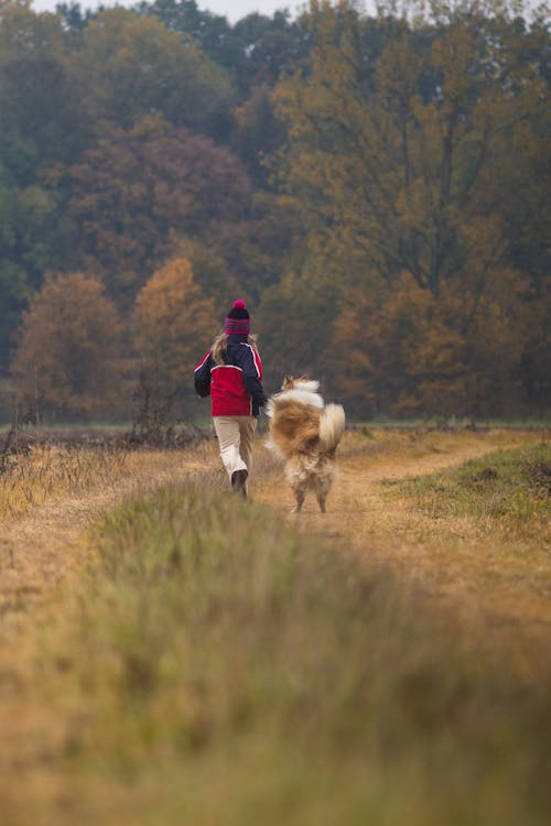 A Woman Wearing Jacket and Beanie Walking With a Dog