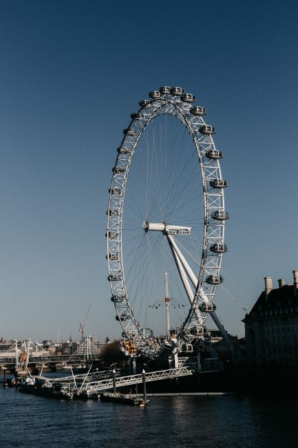 Stunning view of the London Eye Ferris wheel by the River Thames in daylight, capturing the urban landscape.