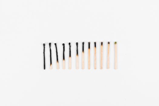 A sequence of matchsticks showing stages from burnt to intact on a white background.