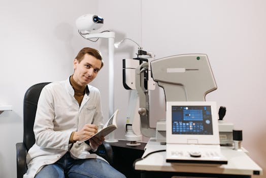 A professional ophthalmologist preparing for an eye examination in a modern clinic with advanced equipment.