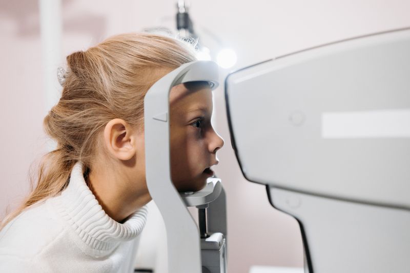 Young girl having her eyes tested with clinic equipment