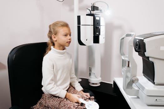 A young girl sits for an eye test using optical instruments in a medical facility.