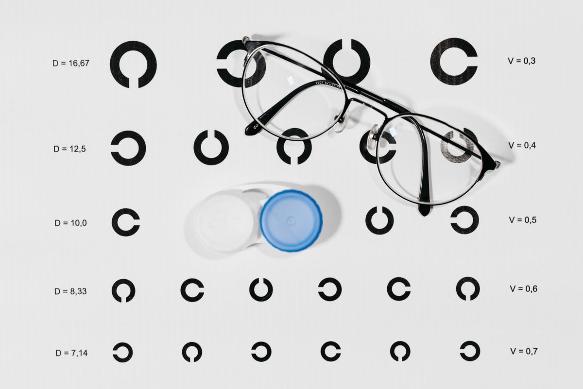 Eyeglasses and contact lens case on a visual-acuity chart