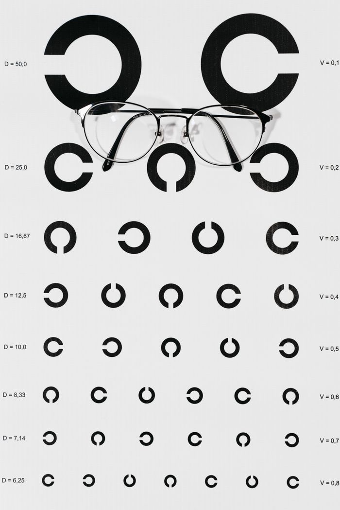 Eyeglasses positioned on a clinical visual-acuity chart