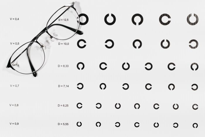 Eyeglasses resting on a visual-acuity eye chart