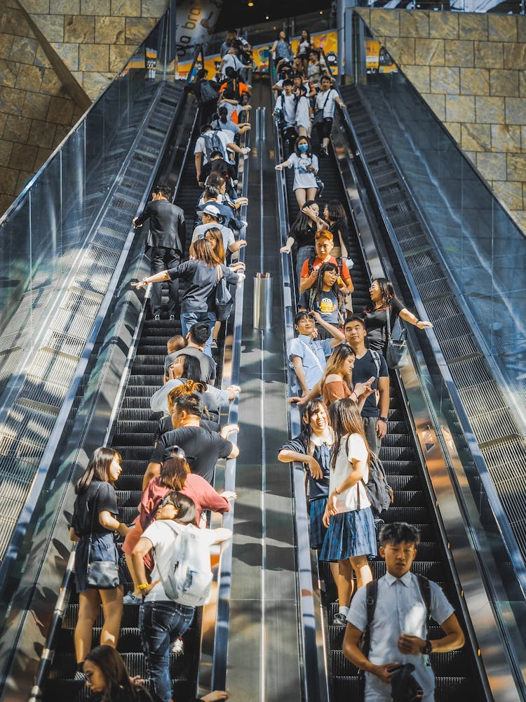 Long Crowded Gray Escalators