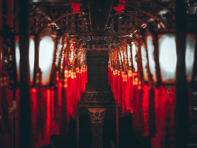 Chinese Lanterns Inside Man Mo Temple In Hongkong