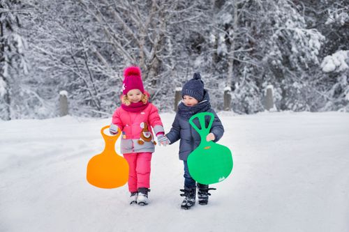 Free Two kids enjoy a snowy day holding colorful sleds, walking together in wintertime. Stock Photo
