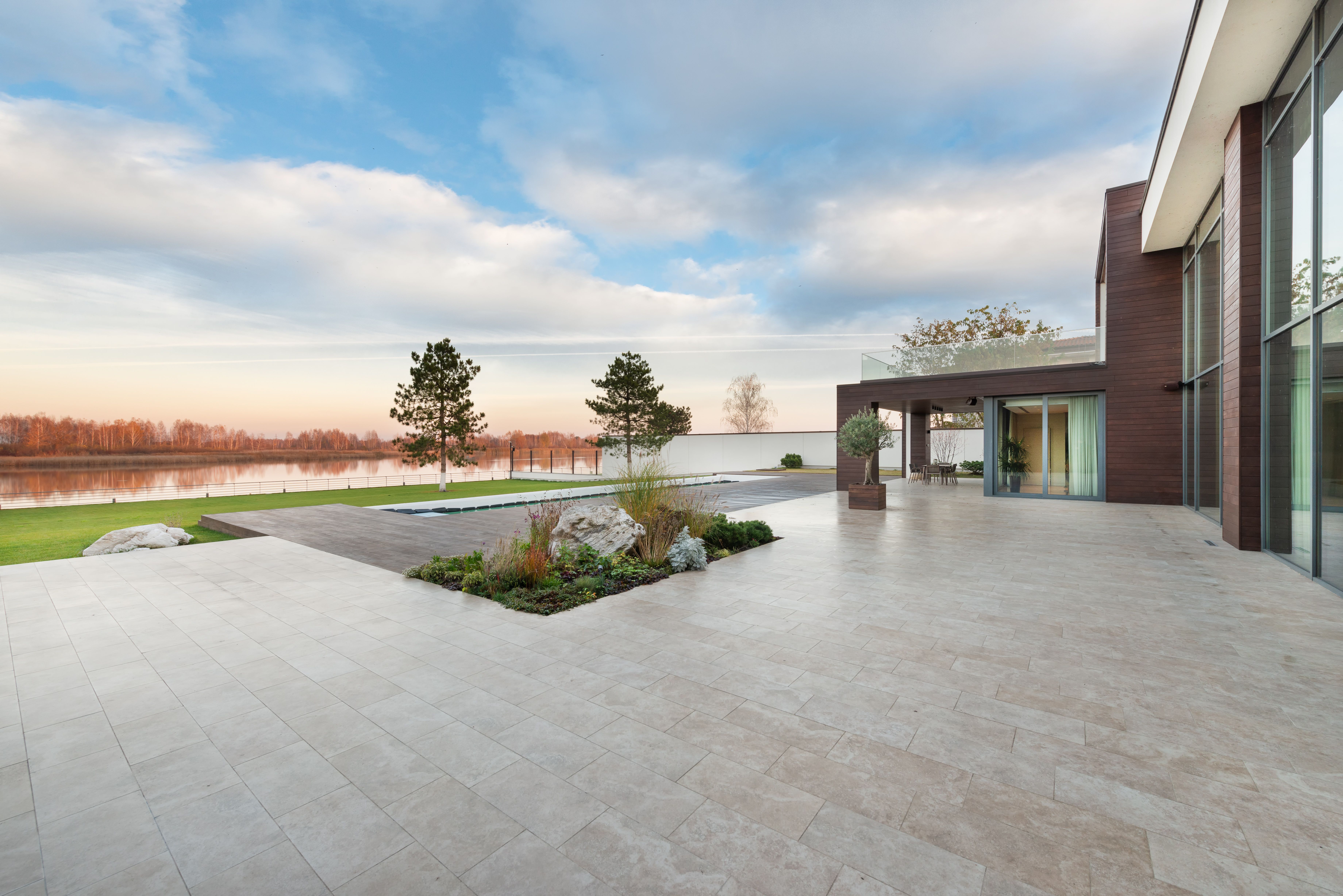 Modern house on river bank
