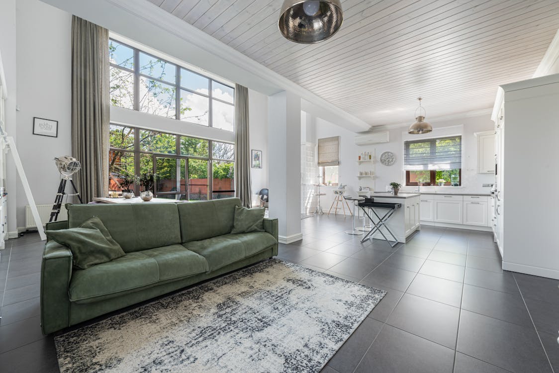 Interior of cozy apartment with glass wall