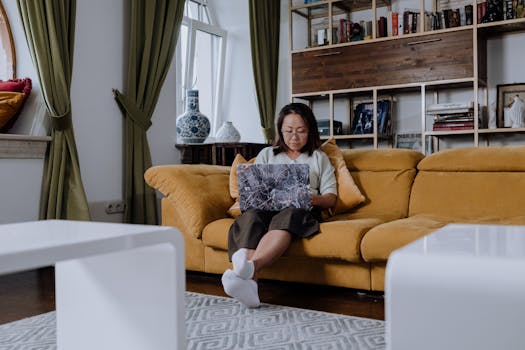 A woman comfortably sits on a cozy couch using her laptop at home.