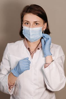 Portrait of a female doctor in gloves and a mask adjusting her PPE for safety.