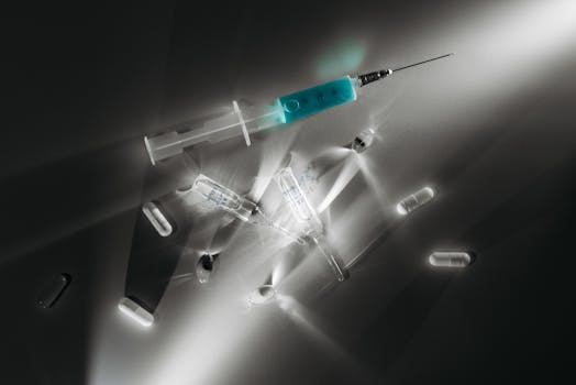 High contrast image of medical supplies, including a syringe and capsules, in a monochrome setting.