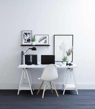 Clean, stylish home office space featuring a minimalist desk, laptop, and decor with a modern look.