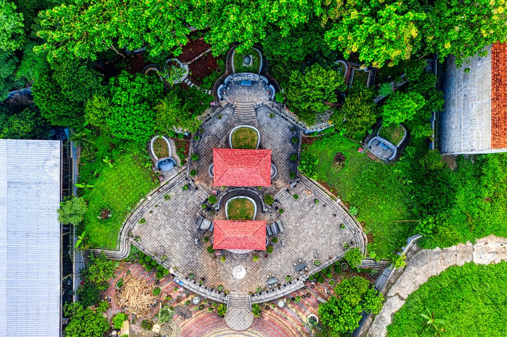 Aerial view of a designed garden with paved walkways