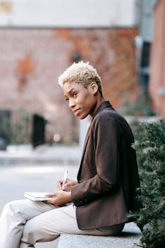 Side view of confident African American female employee in formal clothes sitting on bench in park and writing in notepad