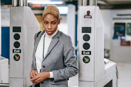 Elegant woman in stylish business attire exiting a modern subway station.