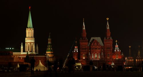 Free Kremlin towers beautifully lit during nighttime in Moscow, showcasing iconic Russian architecture. Stock Photo