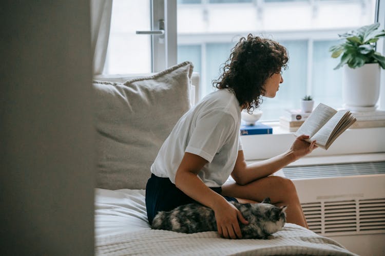 Focused Woman Reading Book On Bed Near Cat