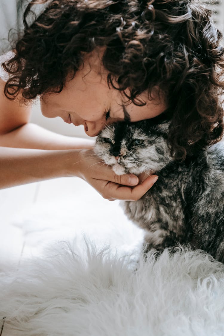 Content Female With Domestic Cat On Carpet