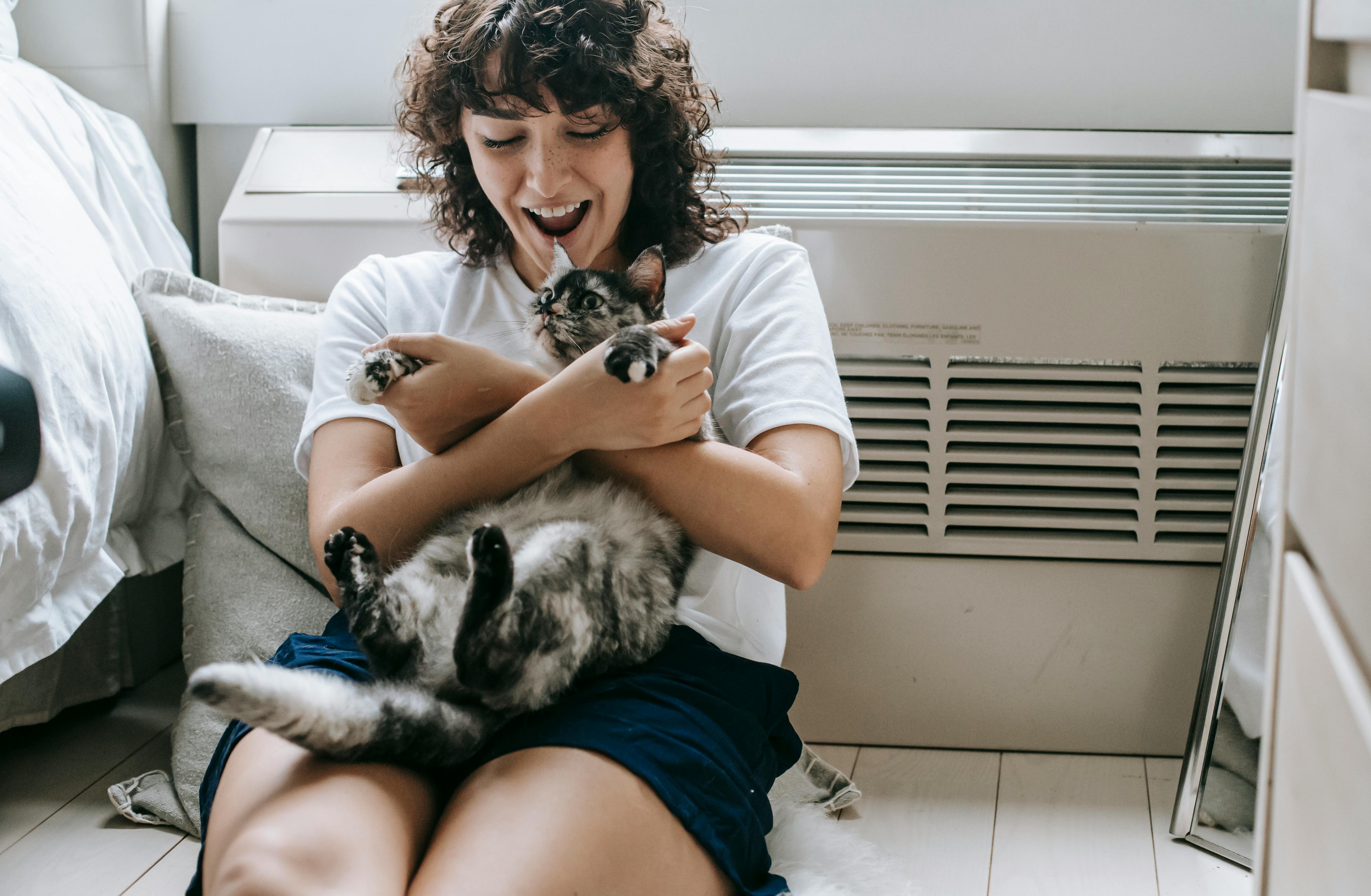 Free Happy female with dark hair caressing adorable dappled cat while sitting on floor with hands crossed near radiator and bed in room at home Stock Photo