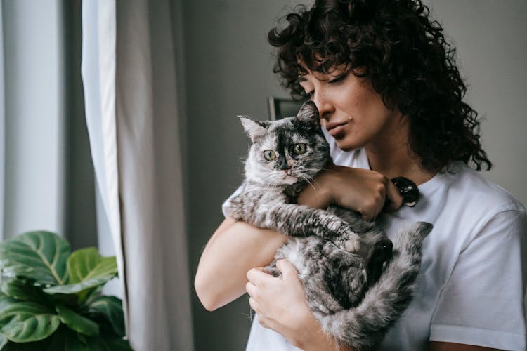 Calm Woman With Soft Charming Cat