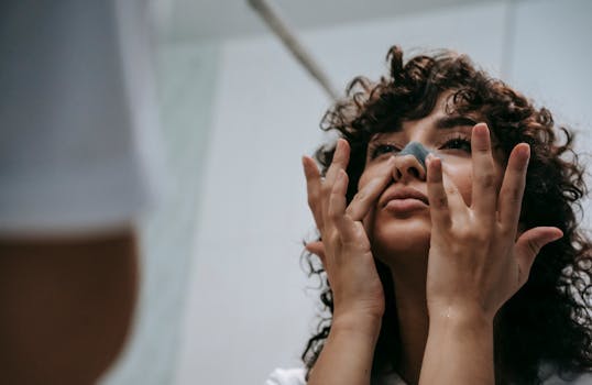 A woman applies a nose strip as part of her skincare routine in a bathroom setting.