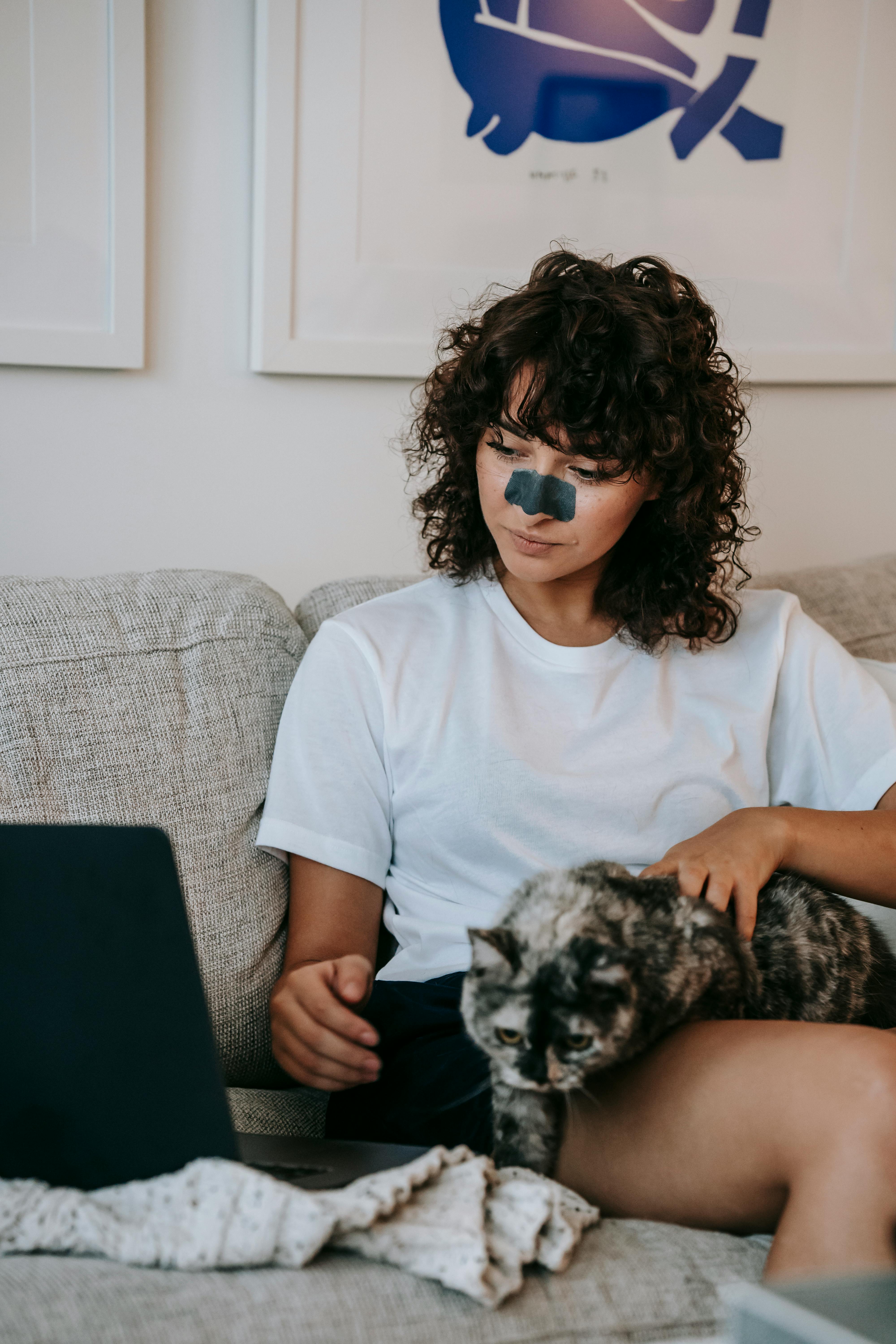 young female petting cat and watching video on laptop sitting on sofa