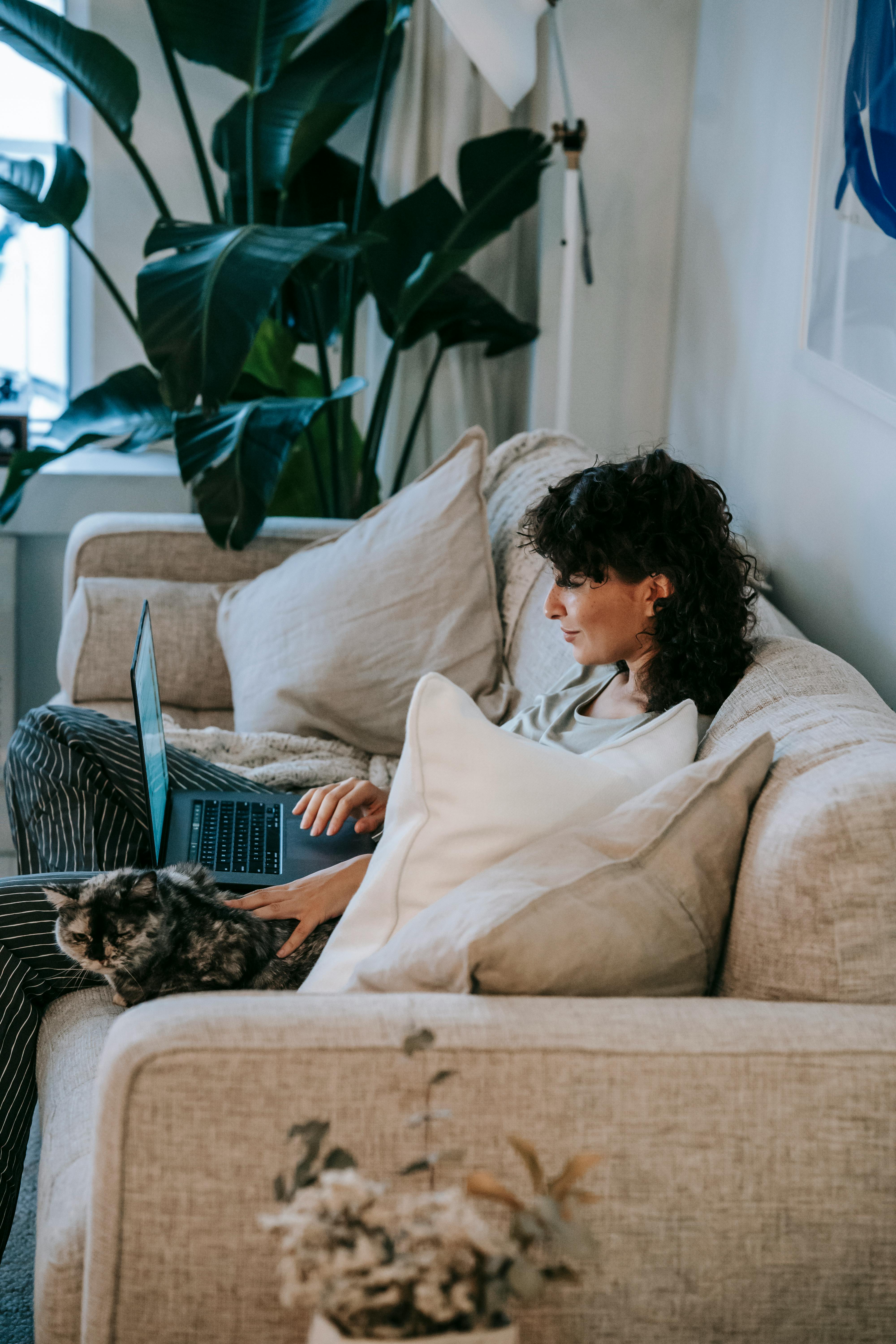 young ethnic lady watching movie on laptop while resting on couch with cat