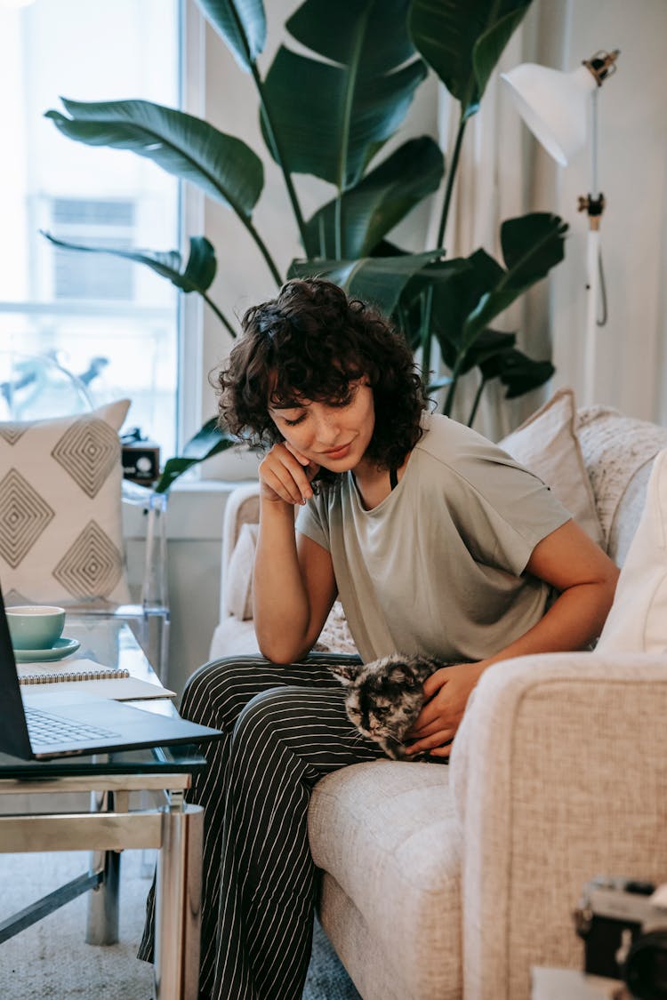 Happy Young Ethnic Woman Caressing Cat Sitting On Couch At Table With Laptop