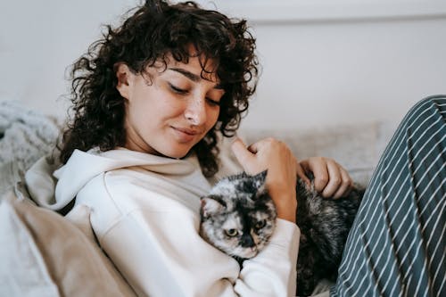 Free Side view of adult content female cuddling and caressing cute cat while resting on soft couch at home Stock Photo
