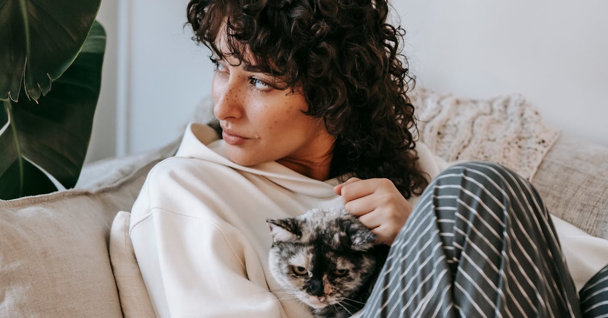 Adult contemplative female embracing cute cat while sitting on soft couch and looking away in living room