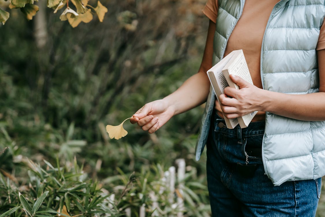 Free Crop anonymous woman in casual clothes with book in hand standing in green park and holding yellow autumn leaf in daytime Stock Photo