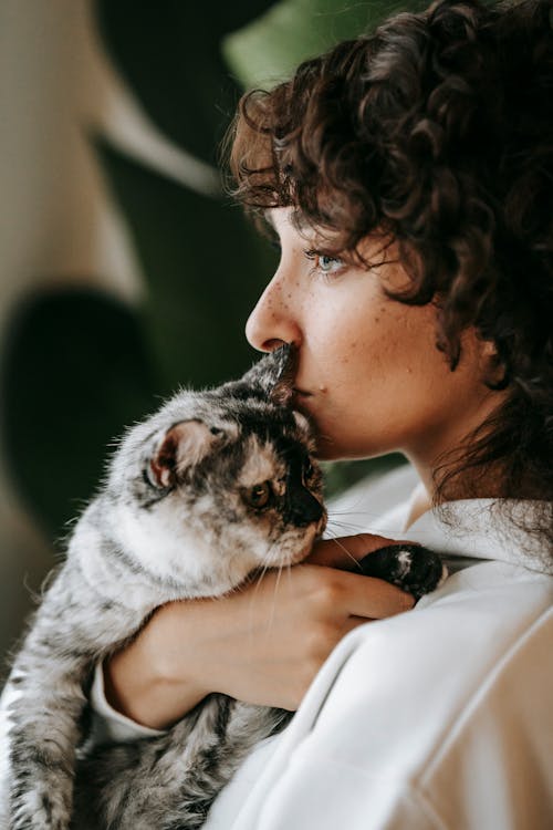 Dreamy woman with cat on hands