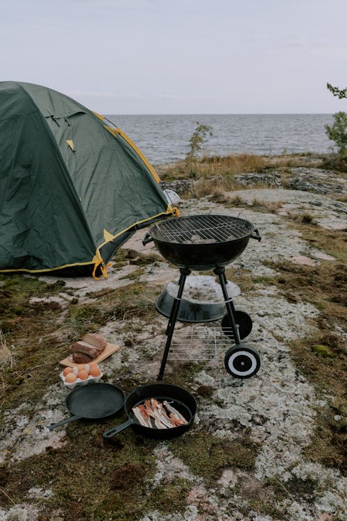 Food Lying on the Ground next to a Grill and a Tent on the Seashore 