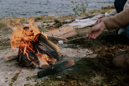 Free A serene outdoor setting by the sea with a campfire and marshmallows being toasted, perfect for camping enthusiasts. Stock Photo