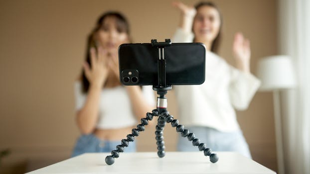 Two women recording a dance video using a smartphone on a tripod at home.