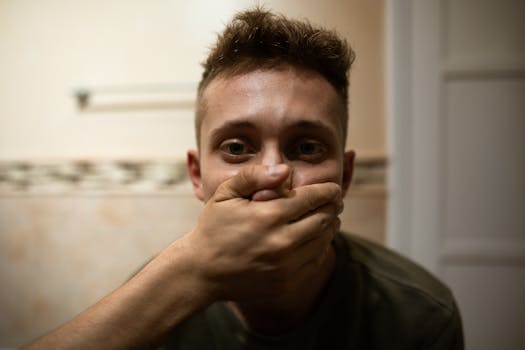 A young man indoors with a serious expression, hand covering his mouth, highlighting themes of silence and suppression.