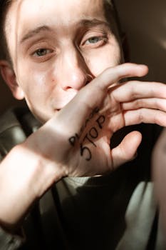 Close-up portrait of a young person expressing distress with 'Please Stop' written on hand.