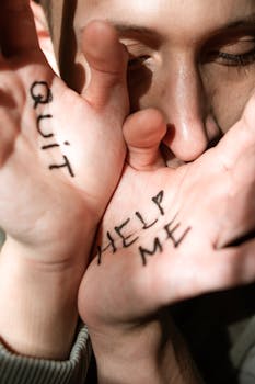 Hands with 'Help Me' and 'Quit' written on them, symbolizing an emotional plea for help in an abusive context.
