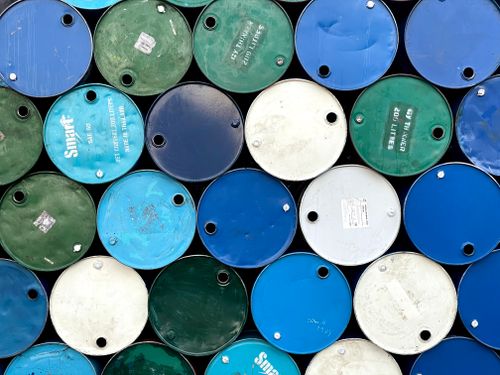 Free Aerial view of stacked colorful barrels in Myanmar, showcasing industrial design. Stock Photo