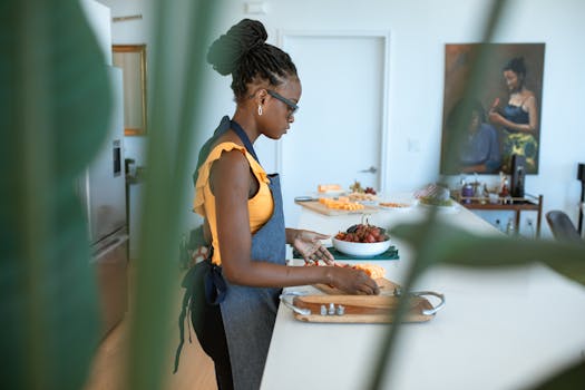 Black woman in apron chopping vegetables on a kitchen counter, surrounded by fresh produce.