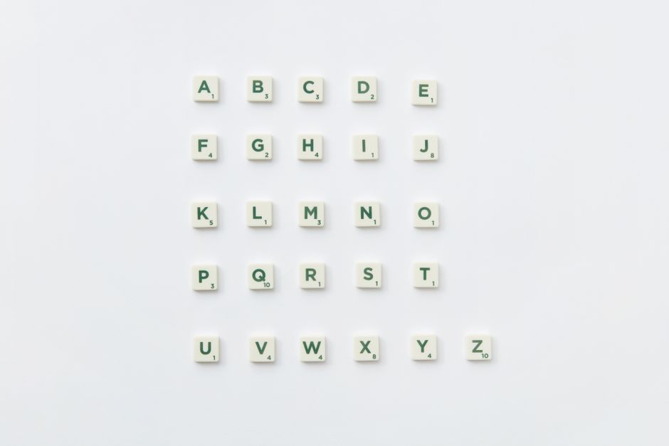 Scrabble letter tiles arranged into the alphabet on a white background.