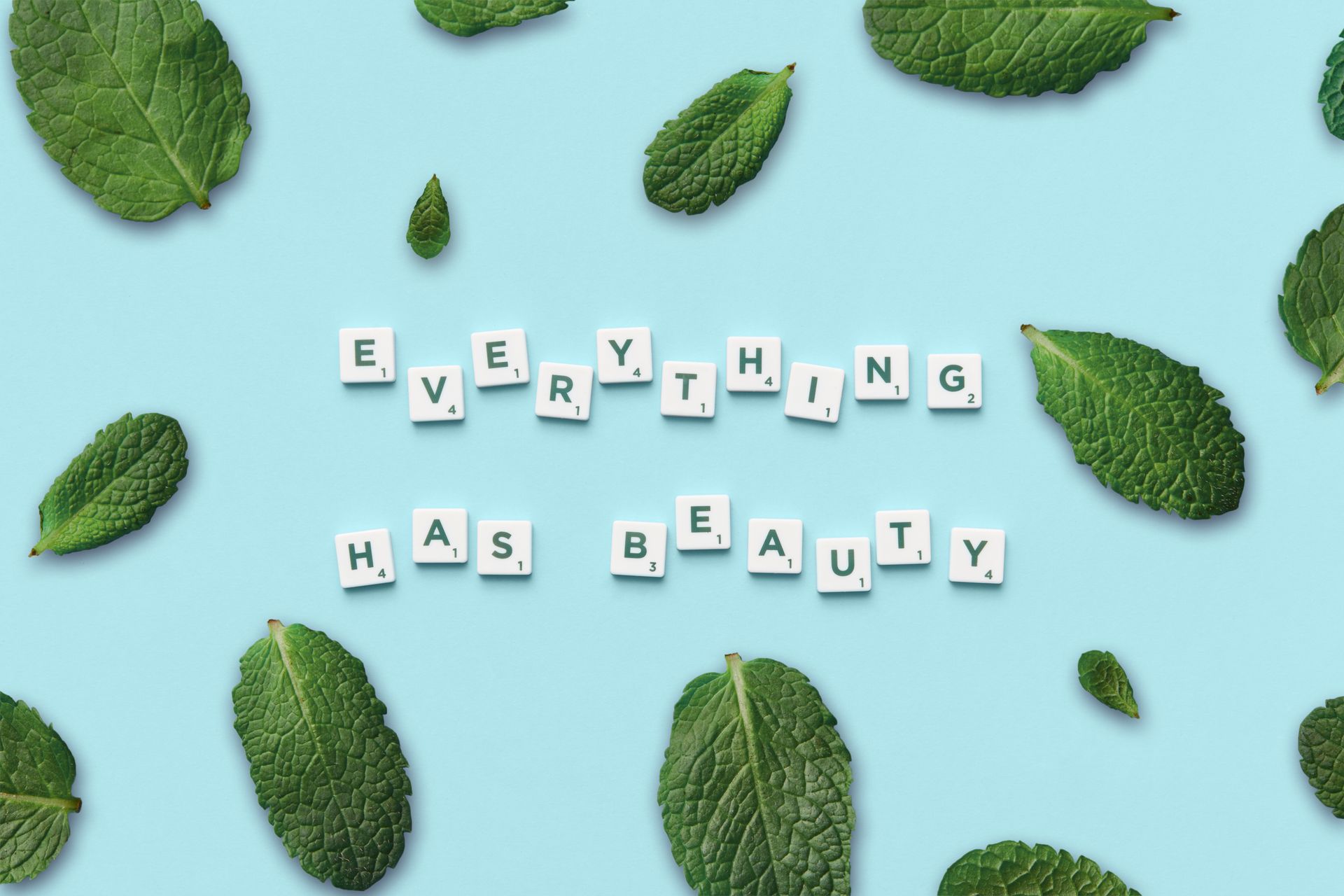 Mint leaves with inspirational quote 'Everything Has Beauty' on pastel blue background, creative flat lay.